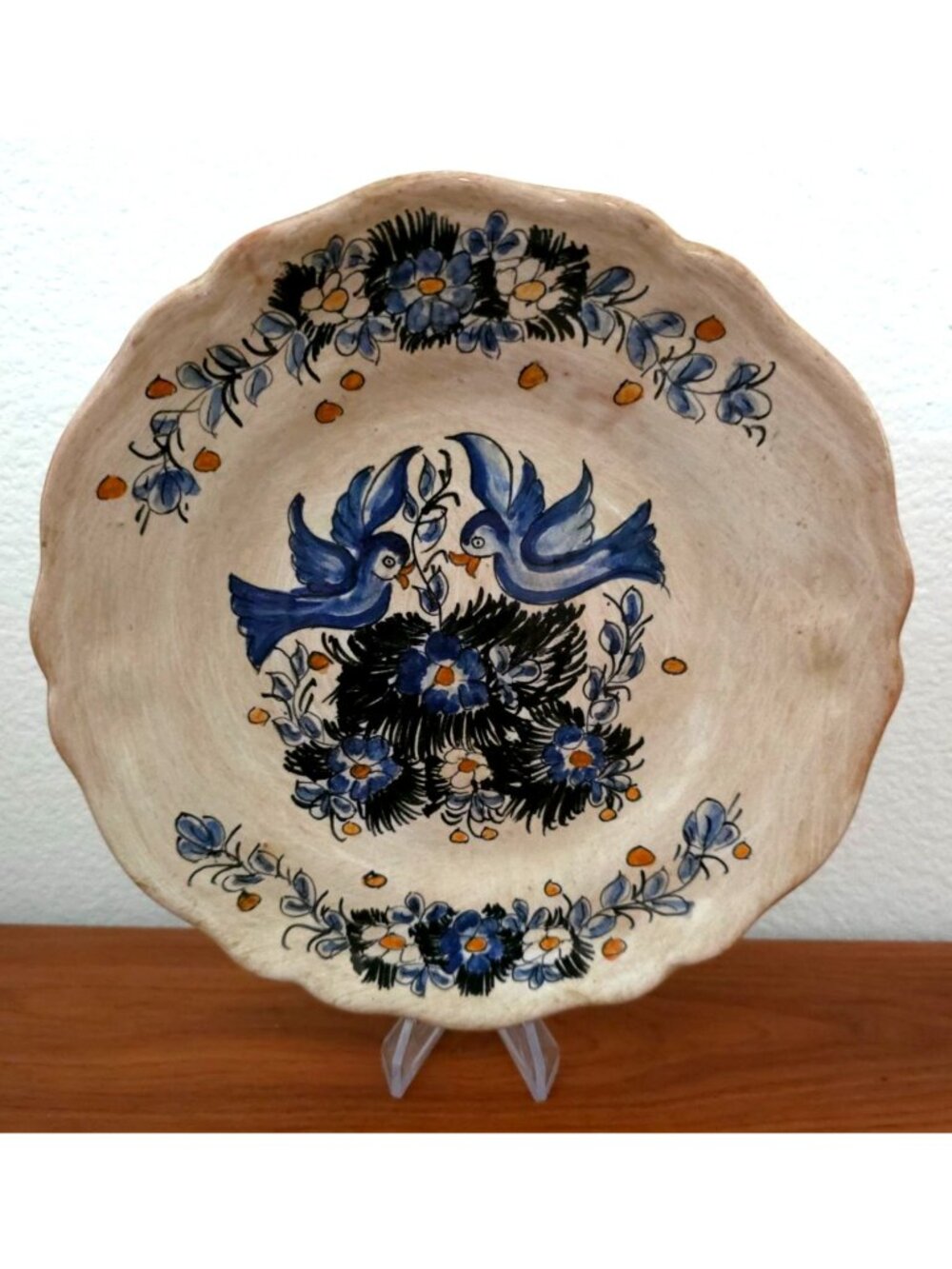 N.C. S. Gubbio Italy Hand-Painted Ceramic Plate With Bluebirds & Floral Design